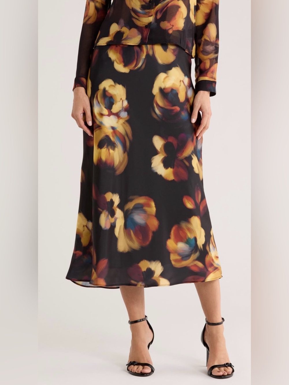T Tahari Black Midi Skirt with Mustard Floral Print